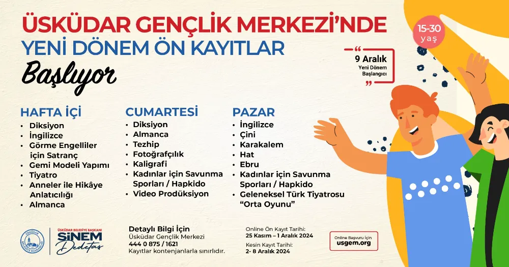 Üsküdar Belediyesi’ne bağlı Üsküdar Gençlik Merkezi’nde, 15-30 yaş arasındaki gençler için birbirinden özel 17 sanat kursuyla yeni dönem kayıtları başladı