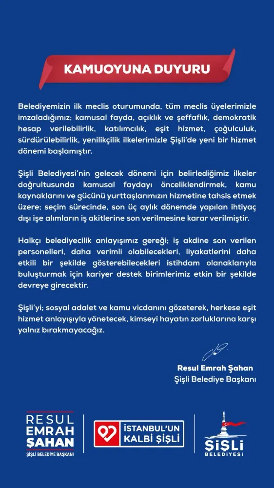 Resul Emrah Şahan, Şişli Belediye Başkanı Kamuoyuna Duyuru yaptı